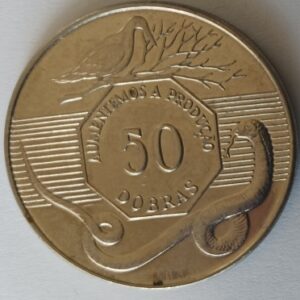 Moeda de 50 dobras de S. Tomé e Príncipe.