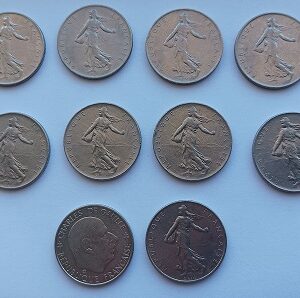 Moedas de 1 franco da república francesa.