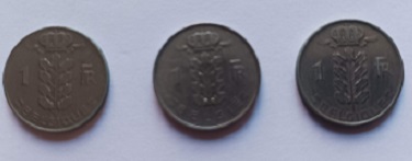 3 Moedas de 1 Franco da Bélgica 1951, 1952 e 1960