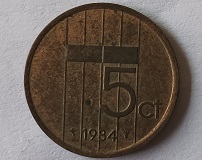 Moeda 5 cêntimos de 1984 dos Países Baixos
