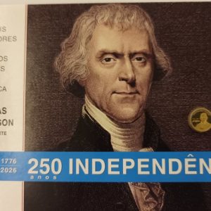 Moeda ouro - Barbados - 10 dólares - Thomas Jefferson - 250 anos de independência
